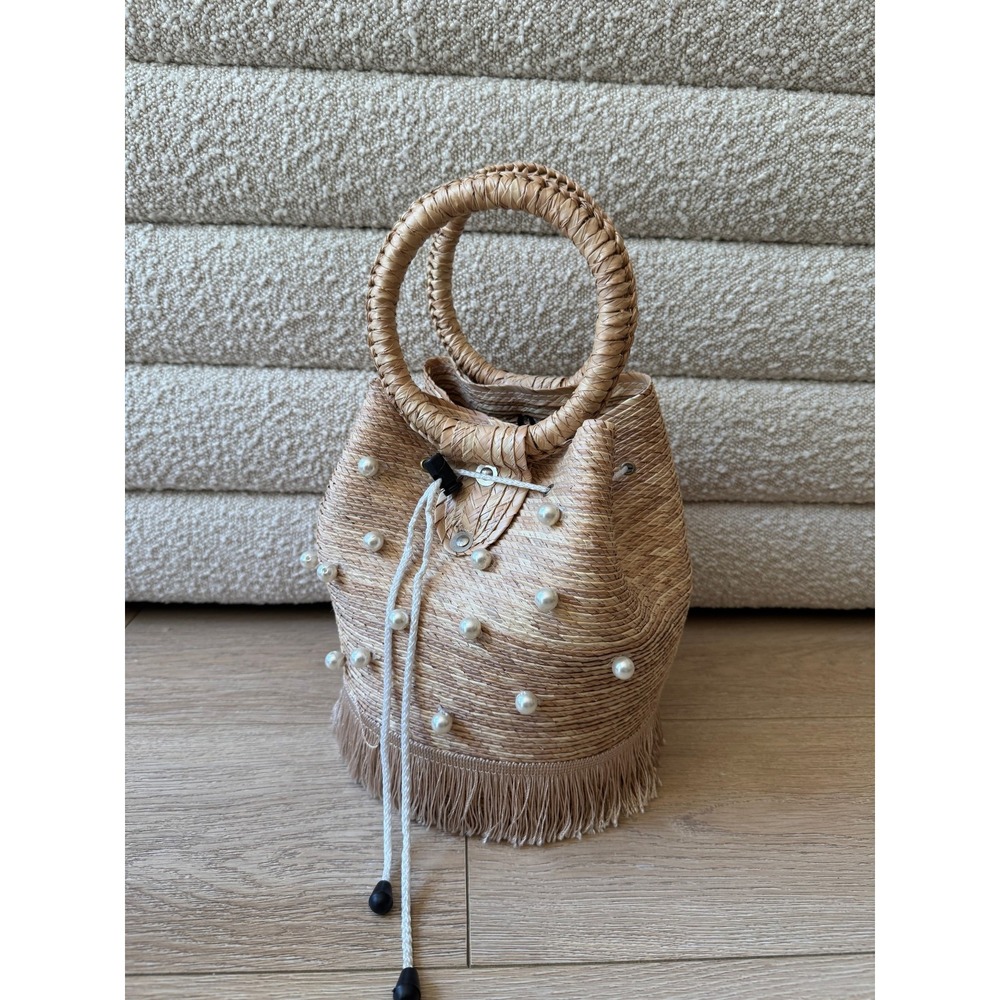 Straw Woven Bucket Bag Pearl Beaded Fringe Round Handle Boho Beach Handbag